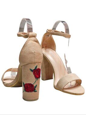 Beige Rose Embroidered Block Heel Sandals With Adjustable Ankle Strap & Open Toe